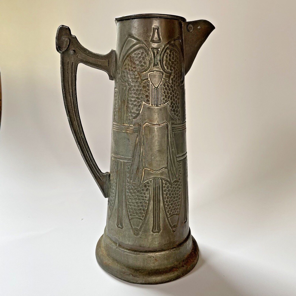 Vintage‎ Embossed Hammered Tin Metal Water Pitcher Stamped F Pot Metal